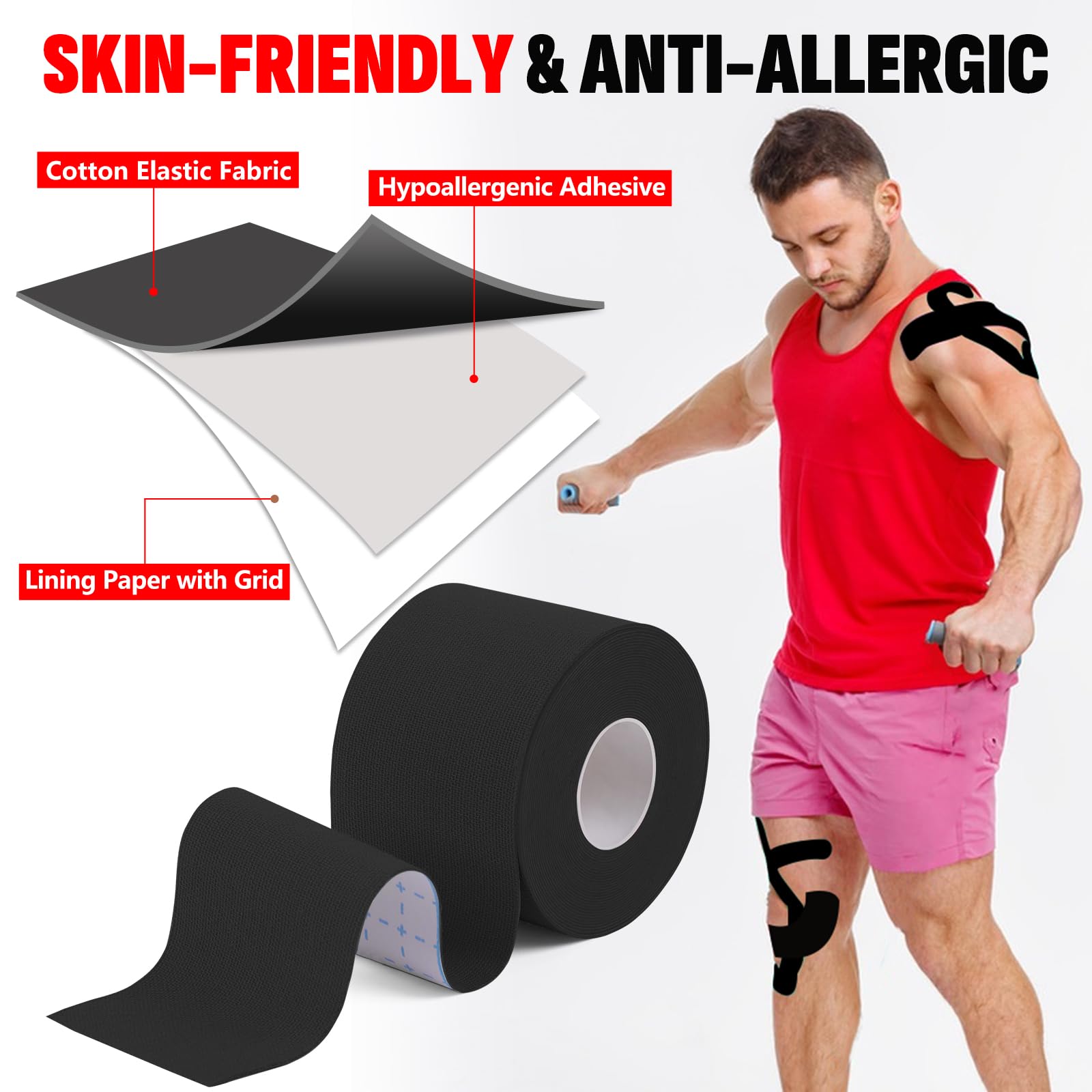 5 Rolls Kinesiology Tape, 2 inch x 16.4 Feet Waterproof Athletic Tape, Uncut Kinetic Tape, Muscle Tape, Sports Tape, Knee Tape for Exercise and Daily Use - Black