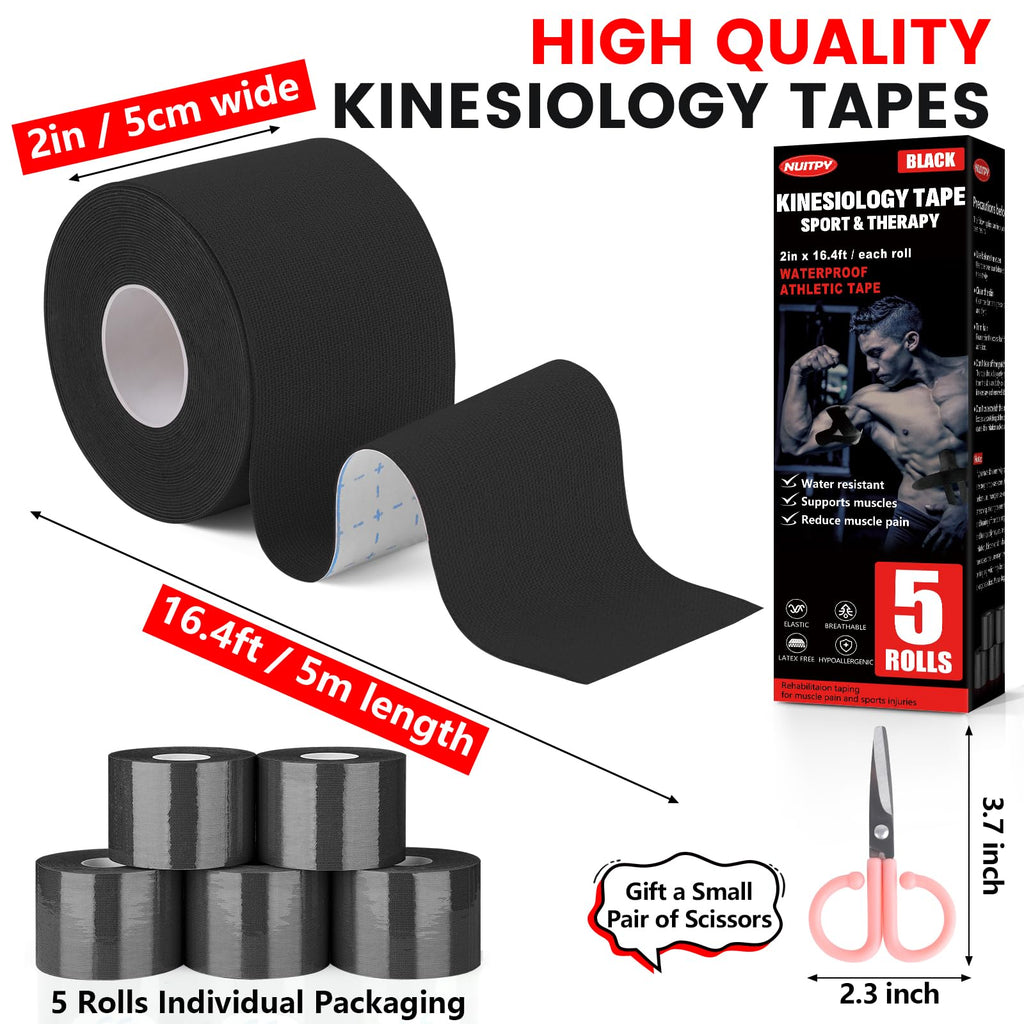 5 Rolls Kinesiology Tape, 2 inch x 16.4 Feet Waterproof Athletic Tape, Uncut Kinetic Tape, Muscle Tape, Sports Tape, Knee Tape for Exercise and Daily Use - Black