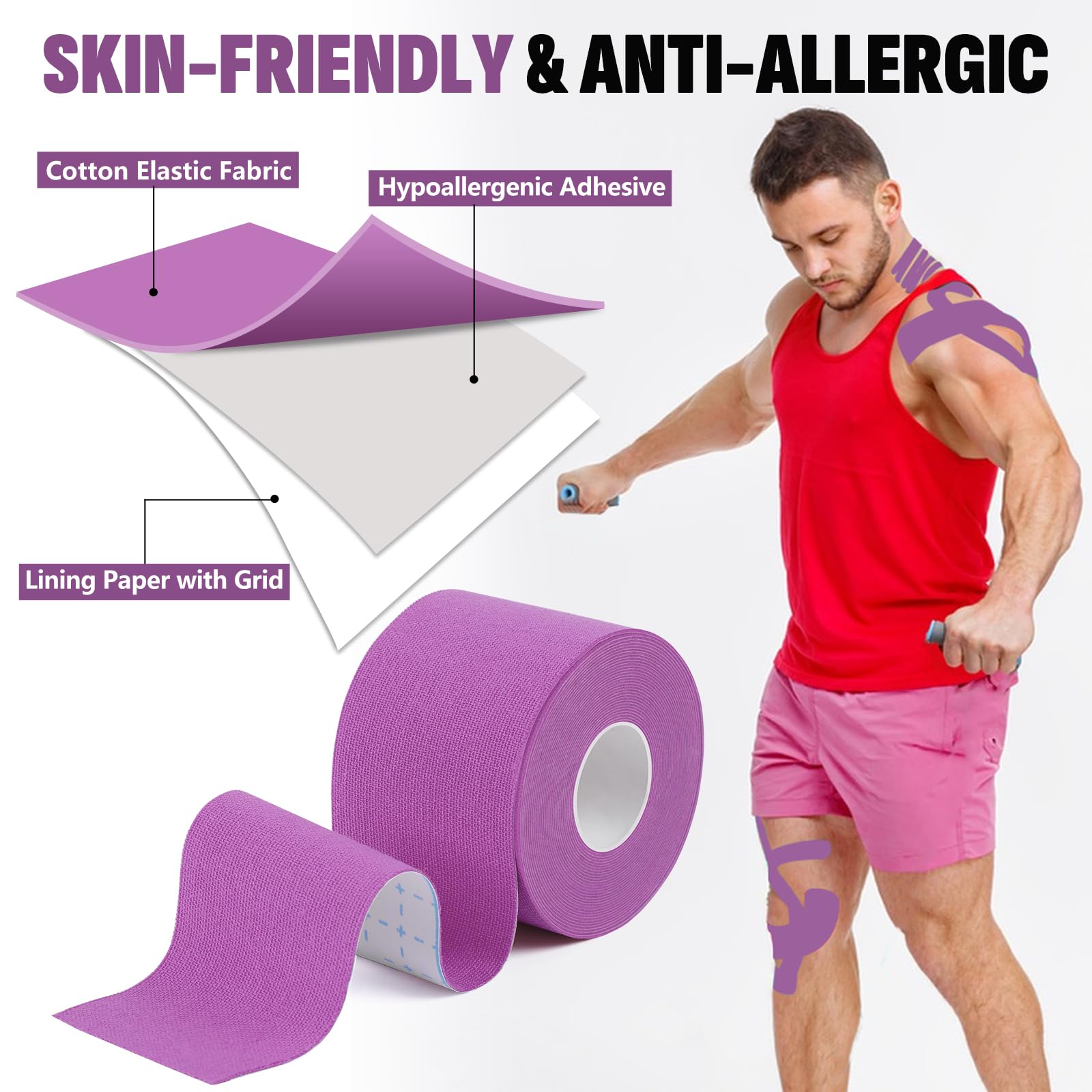 5 Rolls Kinesiology Tape, 2 inch x 16.4 Feet Waterproof Athletic Tape, Uncut Kinetic Tape, Muscle Tape, Sports Tape, Knee Tape for Exercise and Daily Use - Black