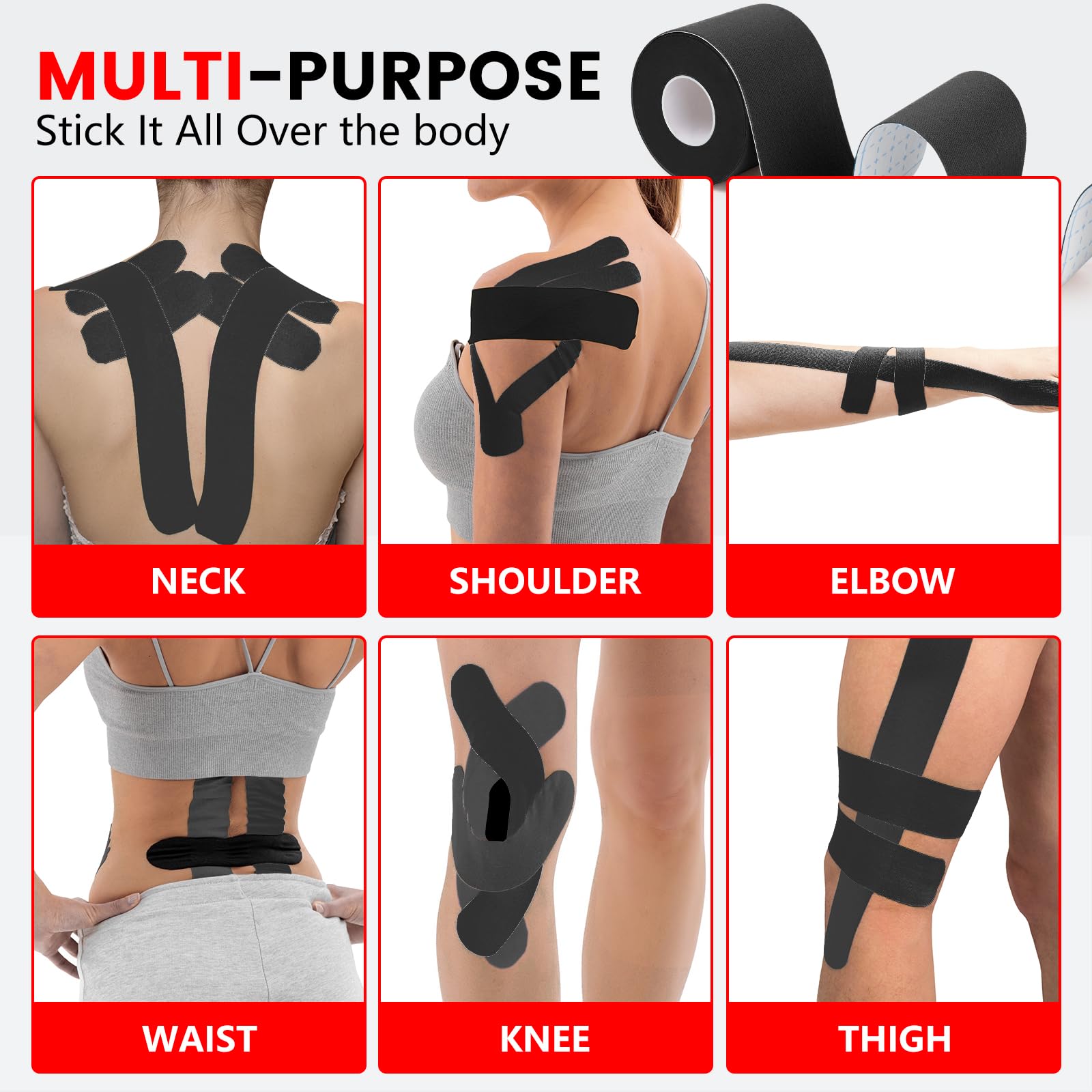 5 Rolls Kinesiology Tape, 2 inch x 16.4 Feet Waterproof Athletic Tape, Uncut Kinetic Tape, Muscle Tape, Sports Tape, Knee Tape for Exercise and Daily Use - Black