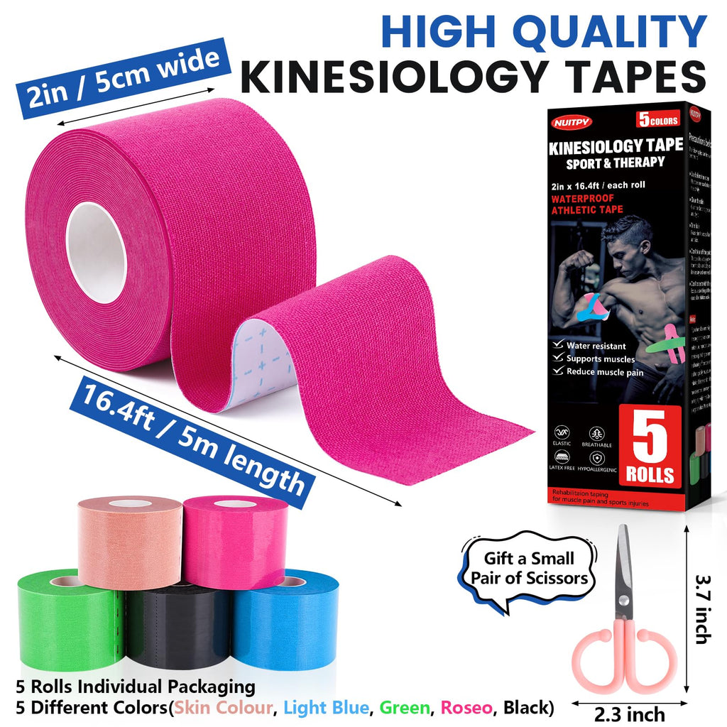 5 Rolls Kinesiology Tape, 2 inch x 16.4 Feet Waterproof Athletic Tape, Uncut Kinetic Tape, Muscle Tape, Sports Tape, Knee Tape for Exercise and Daily Use - Black