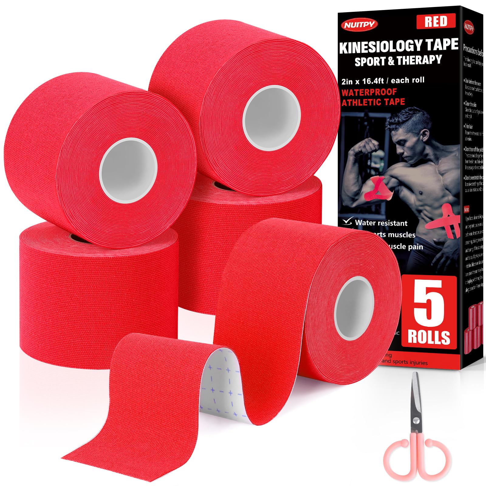 5 Rolls Kinesiology Tape, 2 inch x 16.4 Feet Waterproof Athletic Tape, Uncut Kinetic Tape, Muscle Tape, Sports Tape, Knee Tape for Exercise and Daily Use - Black