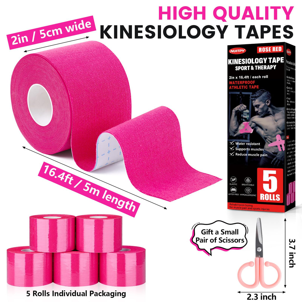 5 Rolls Kinesiology Tape, 2 inch x 16.4 Feet Waterproof Athletic Tape, Uncut Kinetic Tape, Muscle Tape, Sports Tape, Knee Tape for Exercise and Daily Use - Black