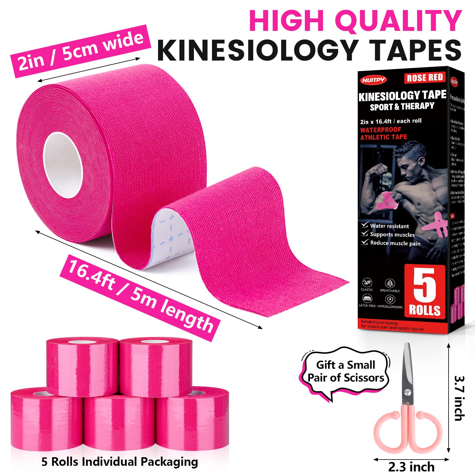 5 Rolls Kinesiology Tape, 2 inch x 16.4 Feet Waterproof Athletic Tape, Uncut Kinetic Tape, Muscle Tape, Sports Tape, Knee Tape for Exercise and Daily Use - Black