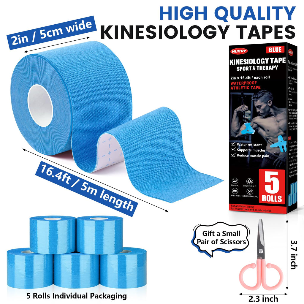5 Rolls Kinesiology Tape, 2 inch x 16.4 Feet Waterproof Athletic Tape, Uncut Kinetic Tape, Muscle Tape, Sports Tape, Knee Tape for Exercise and Daily Use - Black