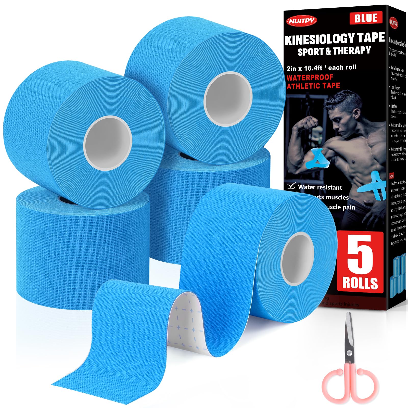 5 Rolls Kinesiology Tape, 2 inch x 16.4 Feet Waterproof Athletic Tape, Uncut Kinetic Tape, Muscle Tape, Sports Tape, Knee Tape for Exercise and Daily Use - Black