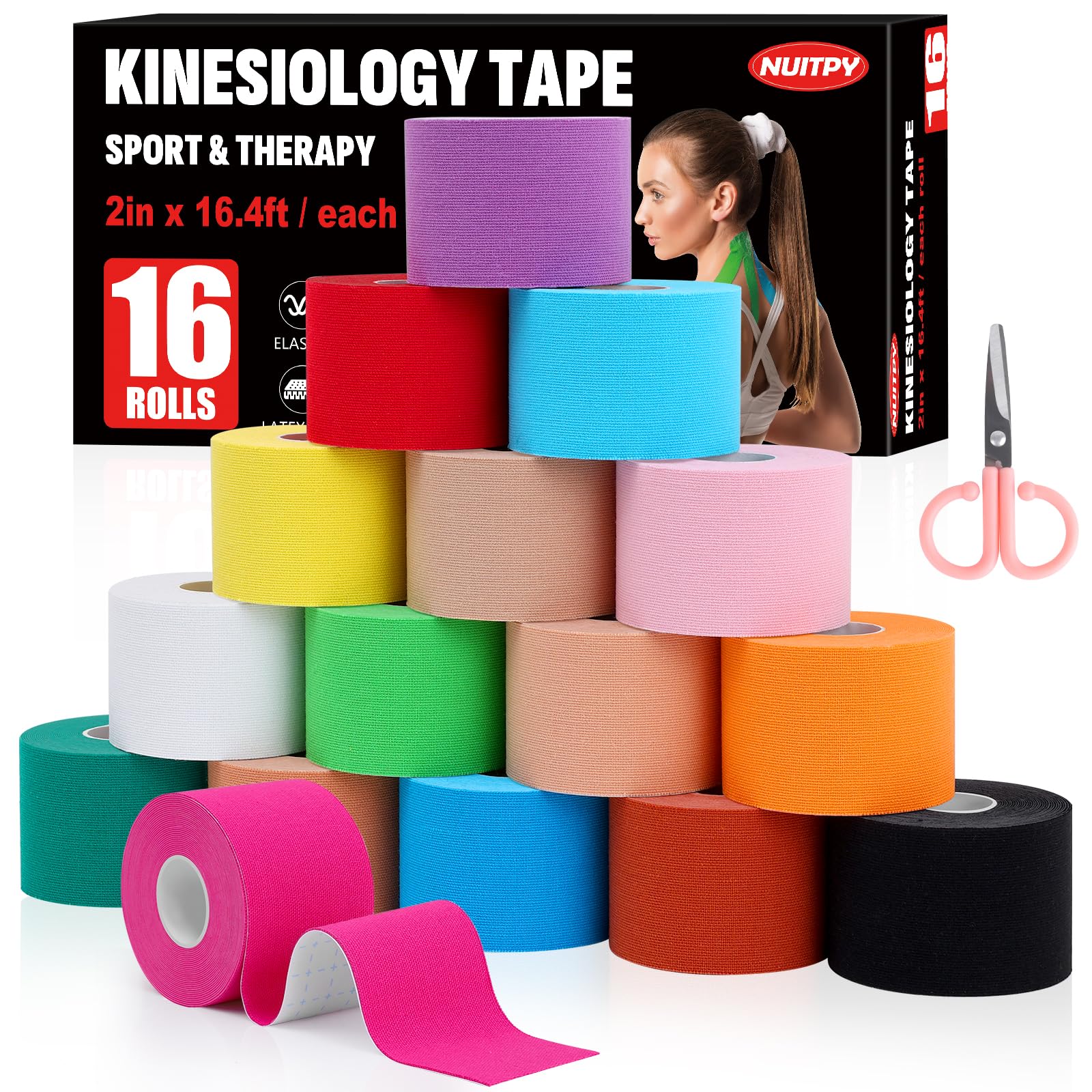 5 Rolls Kinesiology Tape, 2 inch x 16.4 Feet Waterproof Athletic Tape, Uncut Kinetic Tape, Muscle Tape, Sports Tape, Knee Tape for Exercise and Daily Use - Black