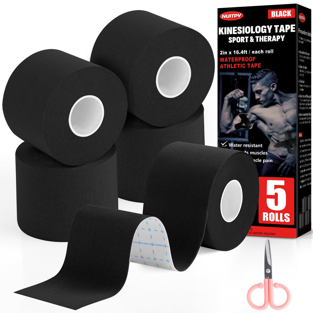 5 Rolls Kinesiology Tape, 2 inch x 16.4 Feet Waterproof Athletic Tape, Uncut Kinetic Tape, Muscle Tape, Sports Tape, Knee Tape for Exercise and Daily Use - Black