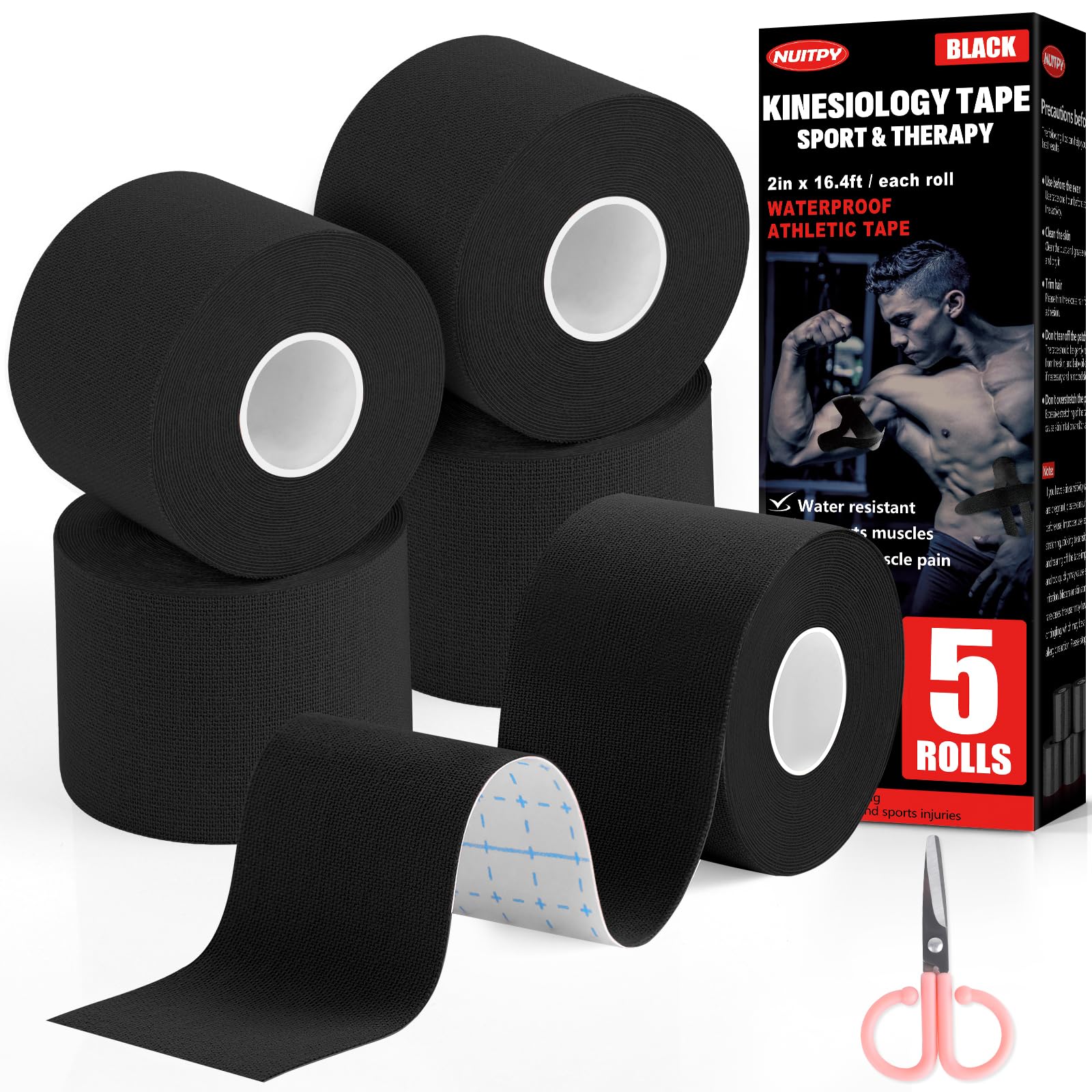 5 Rolls Kinesiology Tape, 2 inch x 16.4 Feet Waterproof Athletic Tape, Uncut Kinetic Tape, Muscle Tape, Sports Tape, Knee Tape for Exercise and Daily Use - Black
