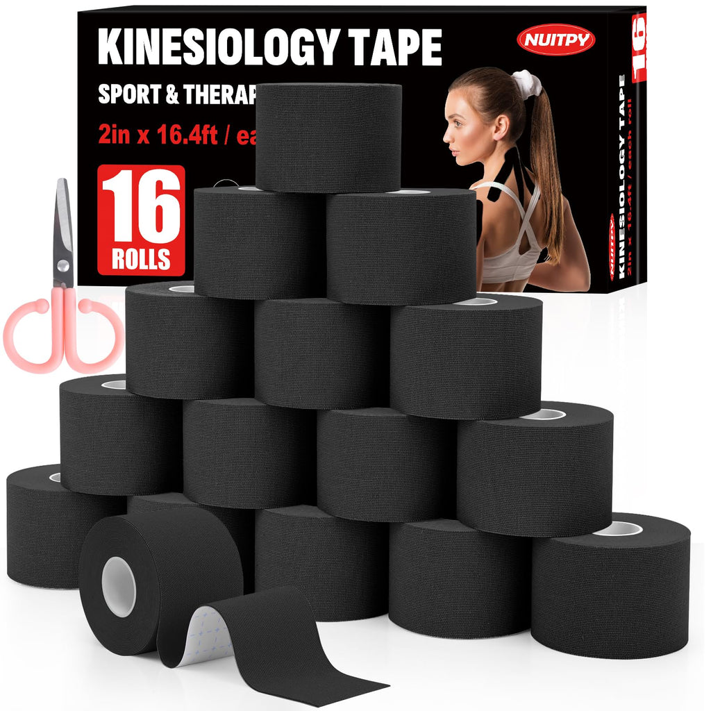 5 Rolls Kinesiology Tape, 2 inch x 16.4 Feet Waterproof Athletic Tape, Uncut Kinetic Tape, Muscle Tape, Sports Tape, Knee Tape for Exercise and Daily Use - Black