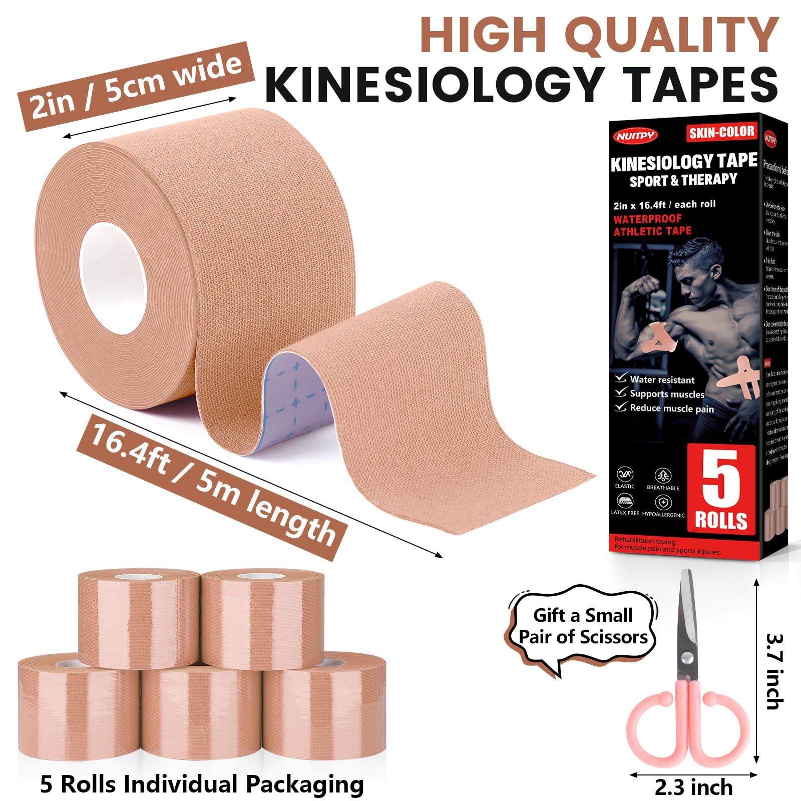 5 Rolls Kinesiology Tape, 2 inch x 16.4 Feet Waterproof Athletic Tape, Uncut Kinetic Tape, Muscle Tape, Sports Tape, Knee Tape for Exercise and Daily Use - Black