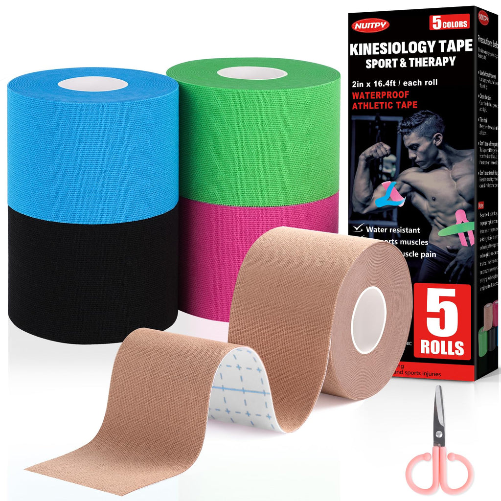 5 Rolls Kinesiology Tape, 2 inch x 16.4 Feet Waterproof Athletic Tape, Uncut Kinetic Tape, Muscle Tape, Sports Tape, Knee Tape for Exercise and Daily Use - Black
