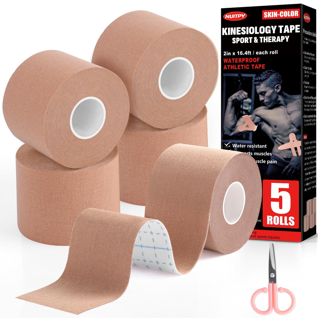 5 Rolls Kinesiology Tape, 2 inch x 16.4 Feet Waterproof Athletic Tape, Uncut Kinetic Tape, Muscle Tape, Sports Tape, Knee Tape for Exercise and Daily Use - Black