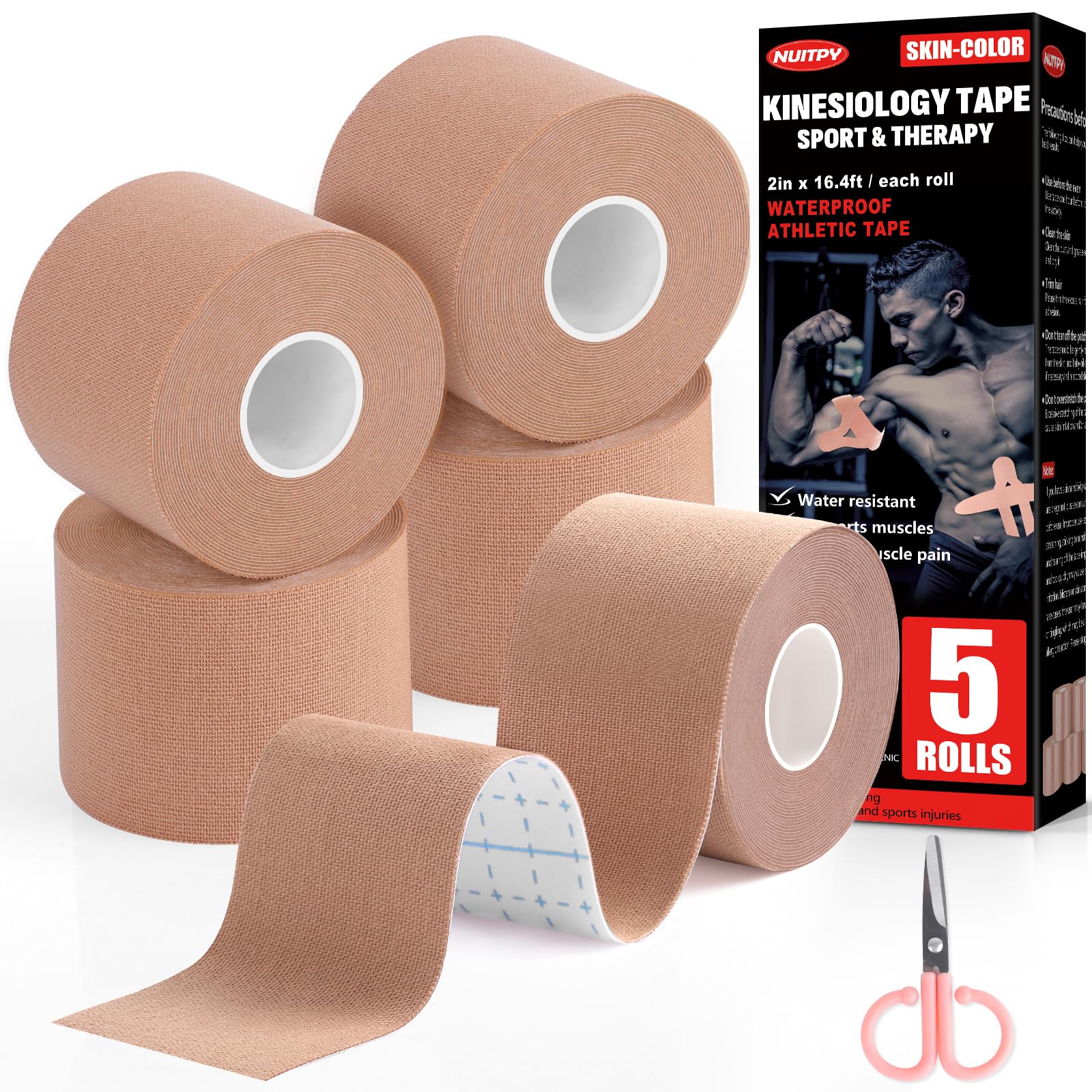 5 Rolls Kinesiology Tape, 2 inch x 16.4 Feet Waterproof Athletic Tape, Uncut Kinetic Tape, Muscle Tape, Sports Tape, Knee Tape for Exercise and Daily Use - Black