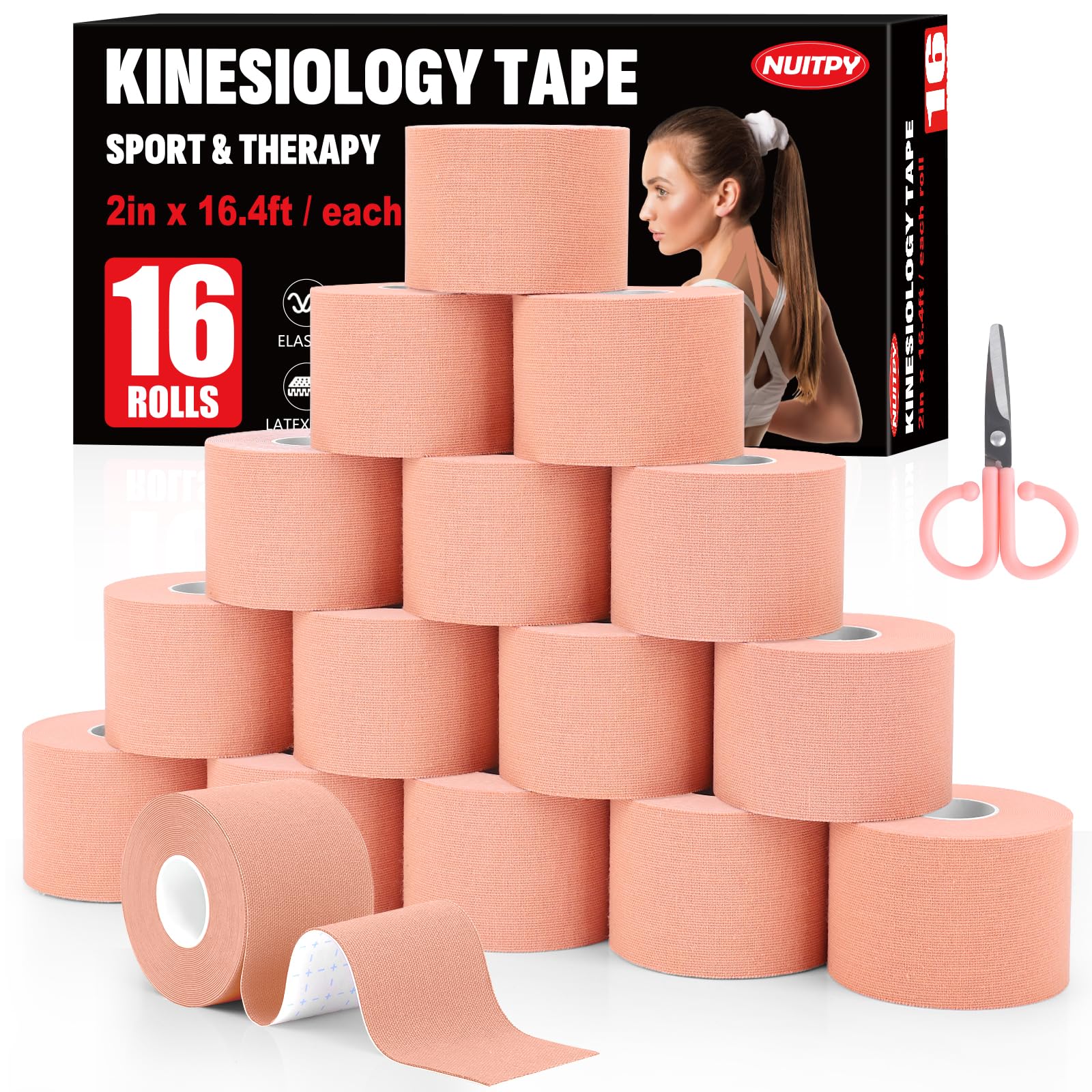 5 Rolls Kinesiology Tape, 2 inch x 16.4 Feet Waterproof Athletic Tape, Uncut Kinetic Tape, Muscle Tape, Sports Tape, Knee Tape for Exercise and Daily Use - Black